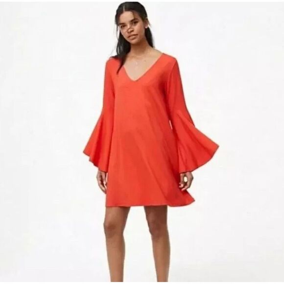 LOFT Dresses & Skirts - LOFT Womens Dress Size Small‎ Orange Swing Dress Long Bell Sleeve V-Neck.C145